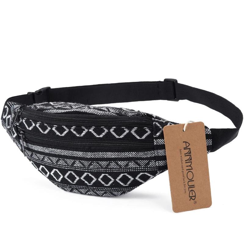 Annmouler New Women Fanny Pack 8 Colors Fabric Waist Packs Bohemian Style Waist Bag 2 Pocket Waist Belt Bag Travel Phone Pouch - PST PS Tradings