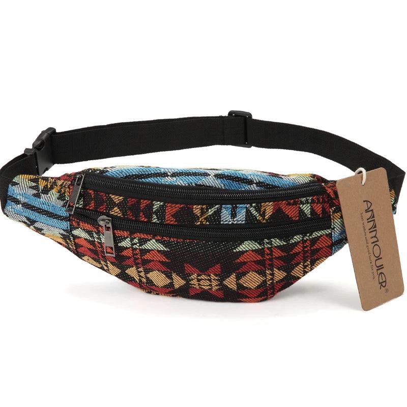 Annmouler New Women Fanny Pack 8 Colors Fabric Waist Packs Bohemian Style Waist Bag 2 Pocket Waist Belt Bag Travel Phone Pouch - PST PS Tradings