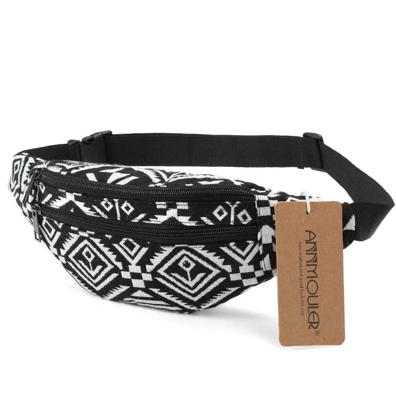 Annmouler New Women Fanny Pack 8 Colors Fabric Waist Packs Bohemian Style Waist Bag 2 Pocket Waist Belt Bag Travel Phone Pouch - PST PS Tradings