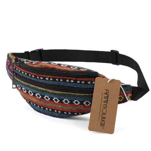 Annmouler New Women Fanny Pack 8 Colors Fabric Waist Packs Bohemian Style Waist Bag 2 Pocket Waist Belt Bag Travel Phone Pouch - PST PS Tradings