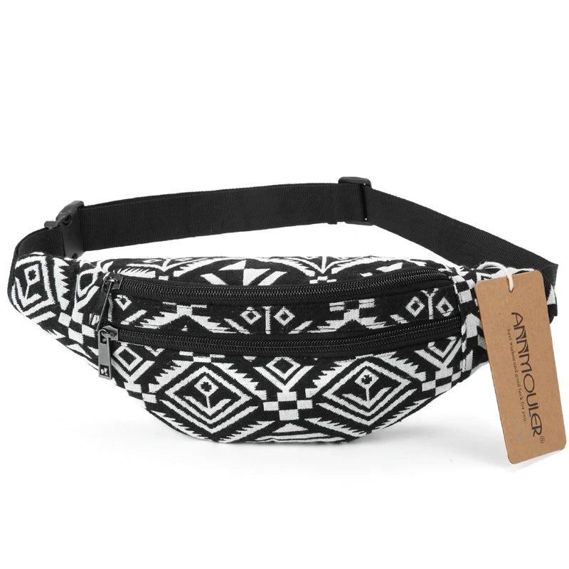 Annmouler New Women Fanny Pack 8 Colors Fabric Waist Packs Bohemian Style Waist Bag 2 Pocket Waist Belt Bag Travel Phone Pouch - PST PS Tradings