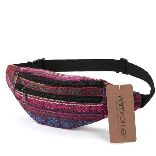 Annmouler New Women Fanny Pack 8 Colors Fabric Waist Packs Bohemian Style Waist Bag 2 Pocket Waist Belt Bag Travel Phone Pouch - PST PS Tradings