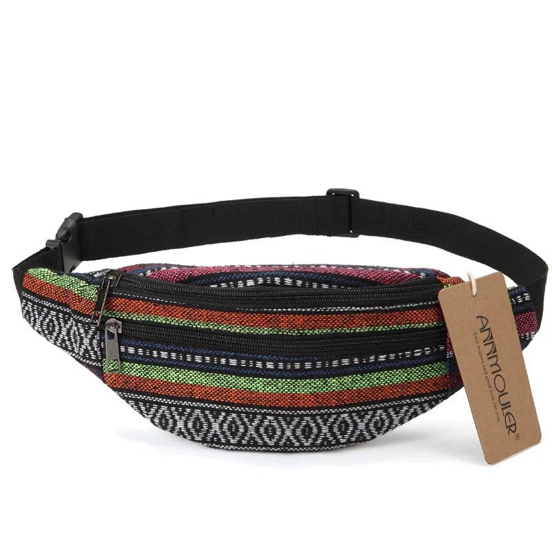 Annmouler New Women Fanny Pack 8 Colors Fabric Waist Packs Bohemian Style Waist Bag 2 Pocket Waist Belt Bag Travel Phone Pouch - PST PS Tradings