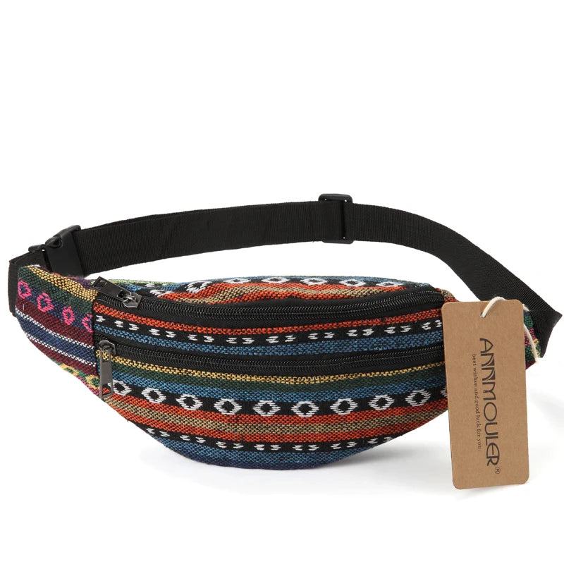 Annmouler New Women Fanny Pack 8 Colors Fabric Waist Packs Bohemian Style Waist Bag 2 Pocket Waist Belt Bag Travel Phone Pouch - PST PS Tradings