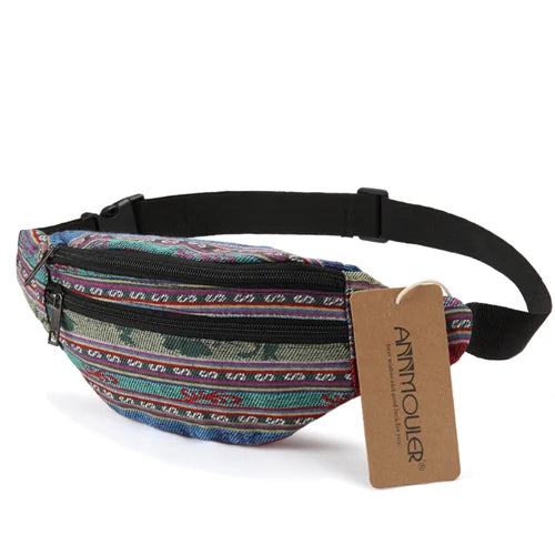 Annmouler New Women Fanny Pack 8 Colors Fabric Waist Packs Bohemian Style Waist Bag 2 Pocket Waist Belt Bag Travel Phone Pouch - PST PS Tradings