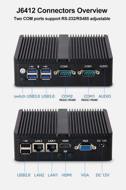 BEBEPC Fanless Industrial Mini j6412 j4125 i5 4200U 5200U Dual LAN RS232 Win10/11 Pro Linux Ubuntu WIFI Desktop Computer Home pc