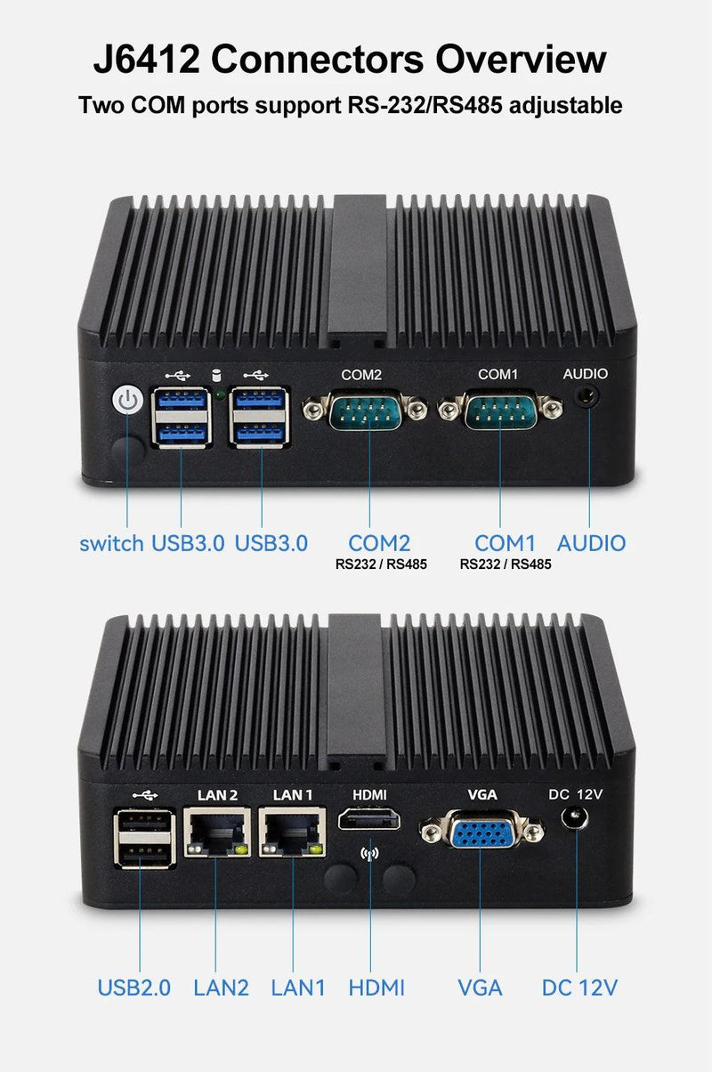 BEBEPC Fanless Industrial Mini j6412 j4125 i5 4200U 5200U Dual LAN RS232 Win10/11 Pro Linux Ubuntu WIFI Desktop Computer Home pc