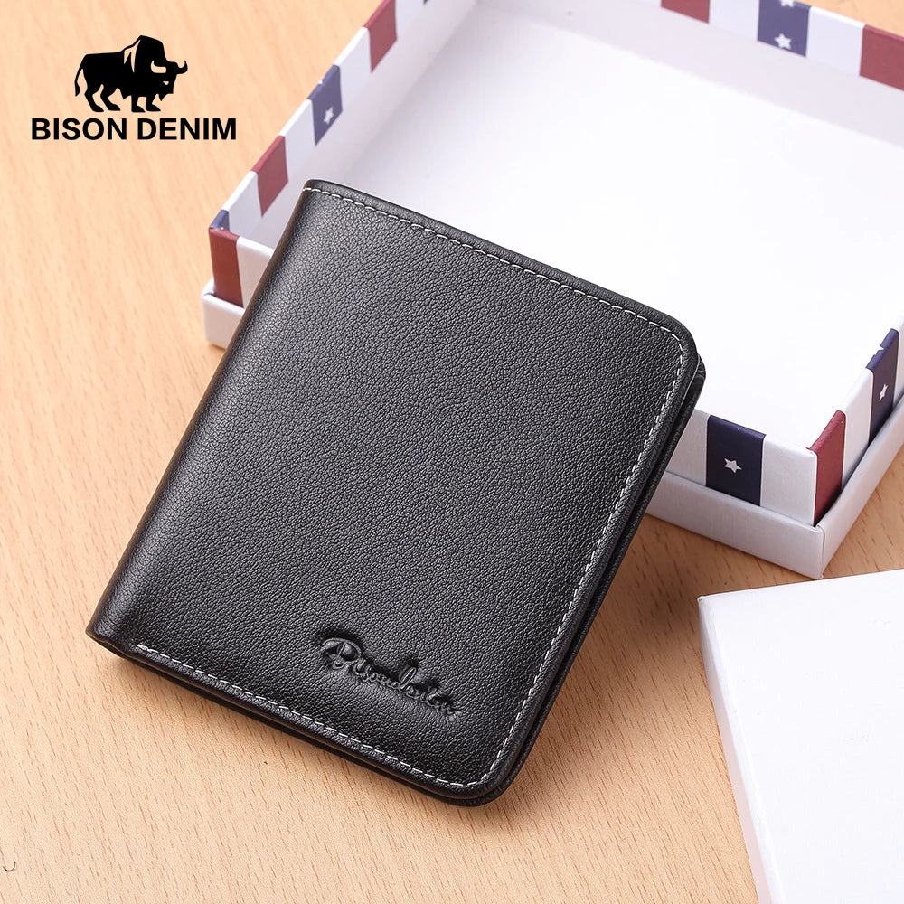 BISON DENIM Men Wallets Black Genuine Leather Purse For Men Business Card Holder Men's Wallet Mini N4429 - PST PS Tradings