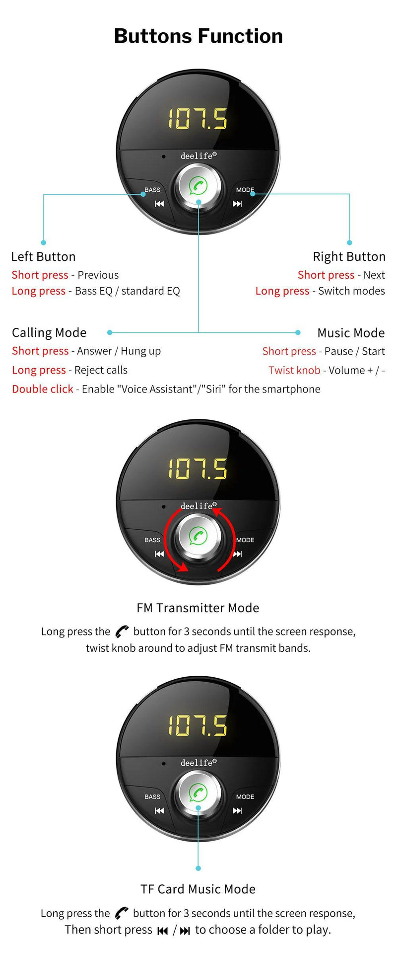 Deelife Bluetooth AUX Adapter in Car Handsfree Kit BT 5.0 Audio Receiver for Auto Phone Hands Free Carkit FM Transmitter - PST PS Tradings