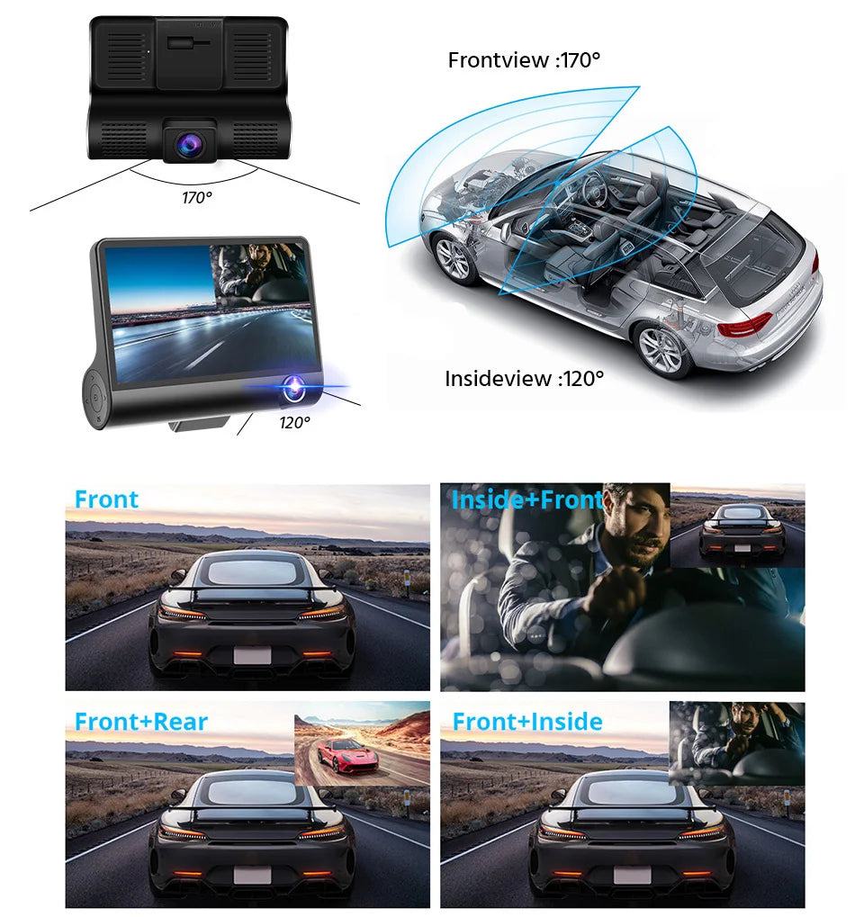 E-ACE B28P Car DVR 3 Cameras Lens 4.0 Inch Dash Camera Dual Lens Suppor Rearview Camera Video Recorder Auto Registrator Dash Cam - PST PS Tradings