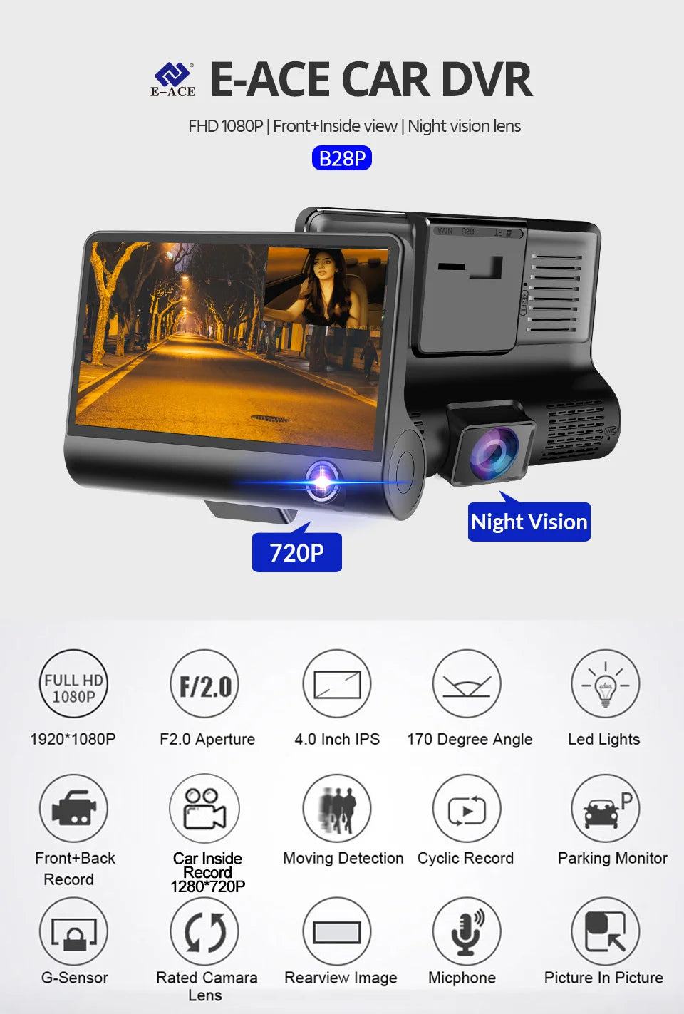 E-ACE B28P Car DVR 3 Cameras Lens 4.0 Inch Dash Camera Dual Lens Suppor Rearview Camera Video Recorder Auto Registrator Dash Cam - PST PS Tradings