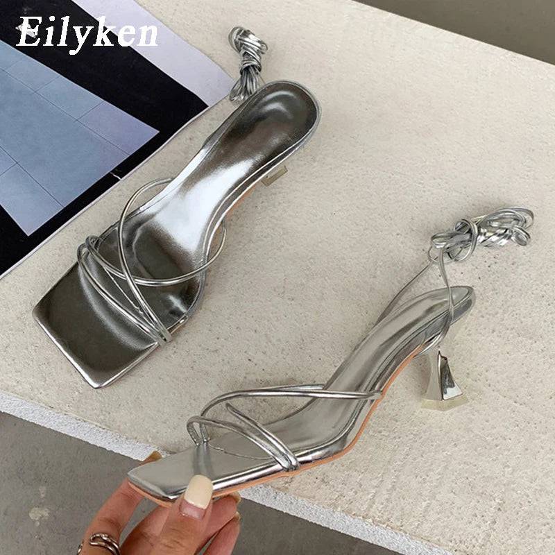 Eilyken Fashion Gold Silver Sandals Thin Low Heel Lace Up Rome Summer Gladiator Women Casual Narrow Band Shoes - Property & Safety Tradings