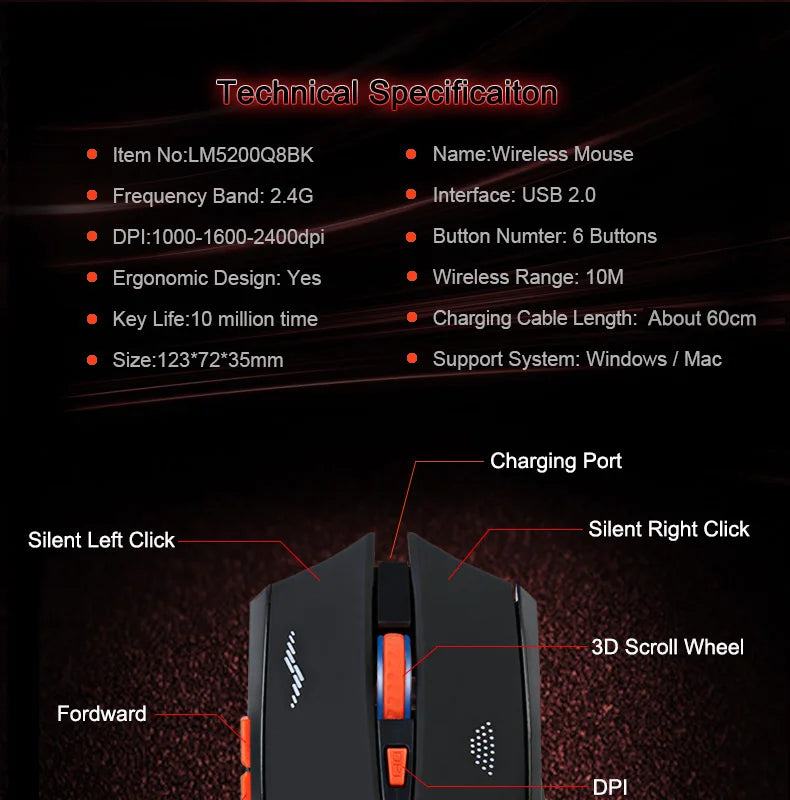 2400DPI Gaming Wireless Mouse Slient Button Computer Mouse Built-in Lithium Battery 2.4G Optical Engine Mouse For PC/Laptop