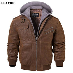 FLAVOR Men's Real Leather Jacket Men Motorcycle Removable Hood winter coat Men Warm Genuine Leather Jackets