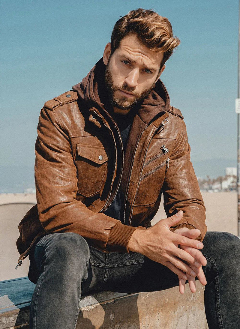 FLAVOR Men's Real Leather Jacket Men Motorcycle Removable Hood winter coat Men Warm Genuine Leather Jackets