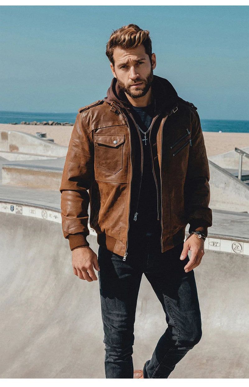 FLAVOR Men's Real Leather Jacket Men Motorcycle Removable Hood winter coat Men Warm Genuine Leather Jackets