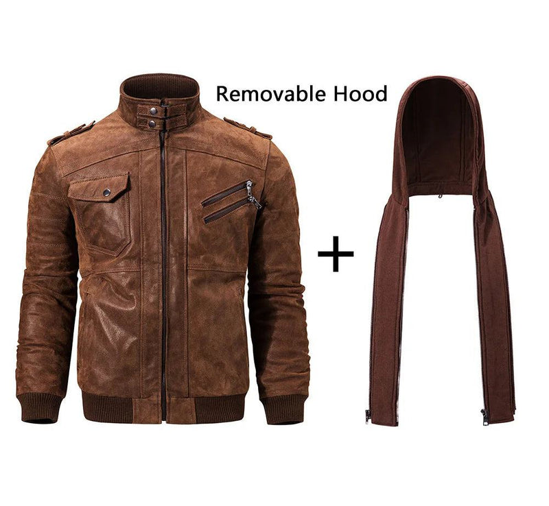 FLAVOR Men's Real Leather Jacket Men Motorcycle Removable Hood winter coat Men Warm Genuine Leather Jackets