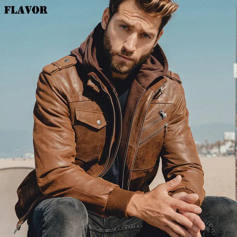 FLAVOR Men's Real Leather Jacket Men Motorcycle Removable Hood winter coat Men Warm Genuine Leather Jackets