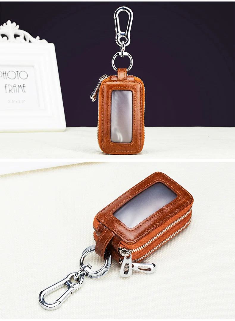 Genuine Cow Leather Home Car Keys' Bag Double Pocket Zipper Mini Wallet Earth Yellow Men Women's Key Holder Transparent Pocket - PST PS Tradings