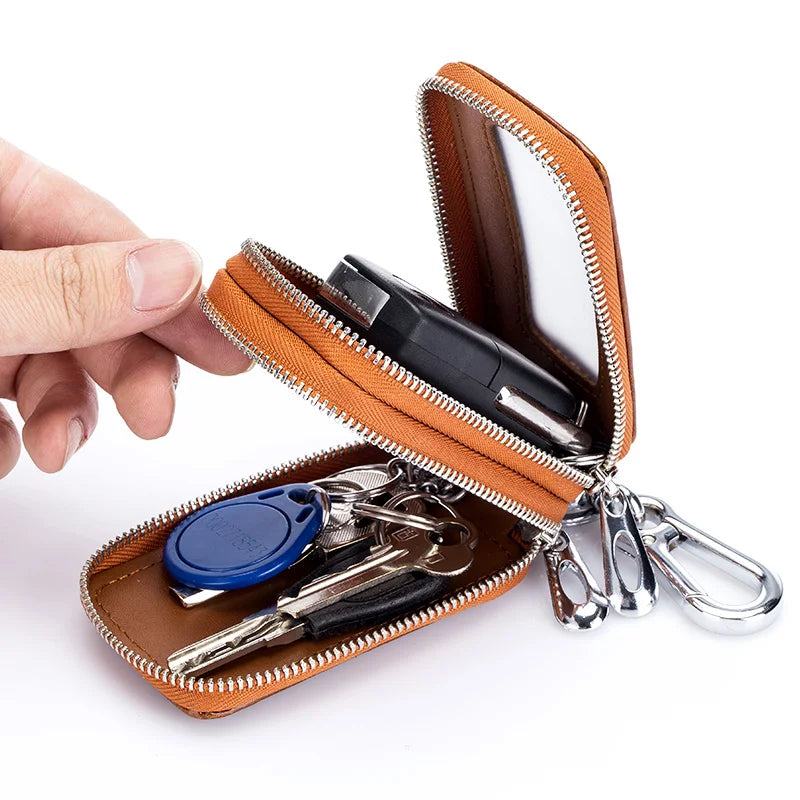 Genuine Cow Leather Home Car Keys' Bag Double Pocket Zipper Mini Wallet Earth Yellow Men Women's Key Holder Transparent Pocket - PST PS Tradings