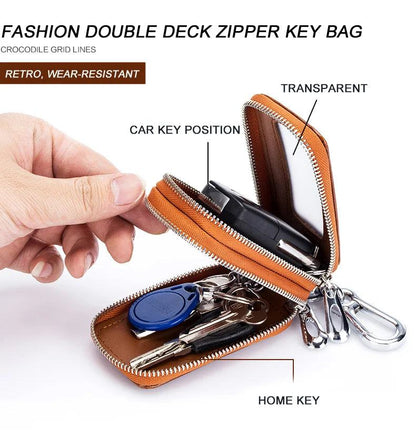 Genuine Cow Leather Home Car Keys' Bag Double Pocket Zipper Mini Wallet Earth Yellow Men Women's Key Holder Transparent Pocket - PST PS Tradings