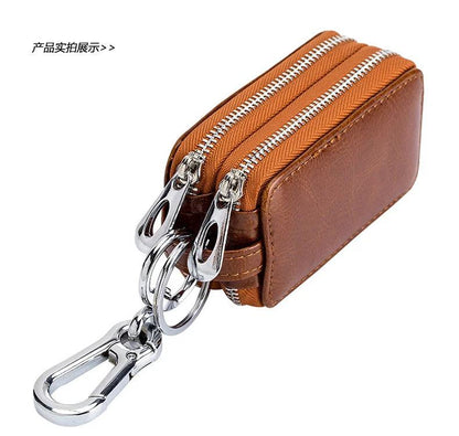 Genuine Cow Leather Home Car Keys' Bag Double Pocket Zipper Mini Wallet Earth Yellow Men Women's Key Holder Transparent Pocket - PST PS Tradings