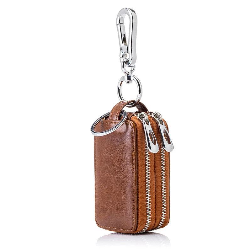 Genuine Cow Leather Home Car Keys' Bag Double Pocket Zipper Mini Wallet Earth Yellow Men Women's Key Holder Transparent Pocket - PST PS Tradings