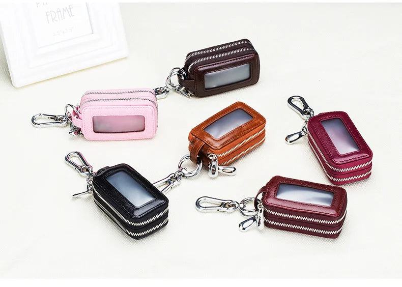 Genuine Cow Leather Home Car Keys' Bag Double Pocket Zipper Mini Wallet Earth Yellow Men Women's Key Holder Transparent Pocket - PST PS Tradings