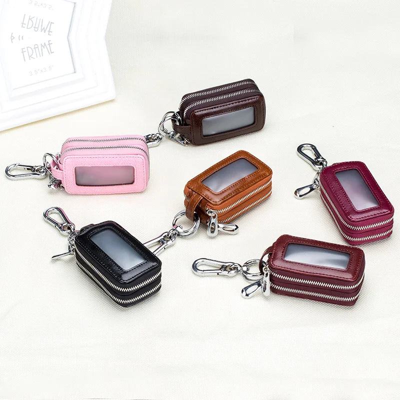 Genuine Cow Leather Home Car Keys' Bag Double Pocket Zipper Mini Wallet Earth Yellow Men Women's Key Holder Transparent Pocket - PST PS Tradings