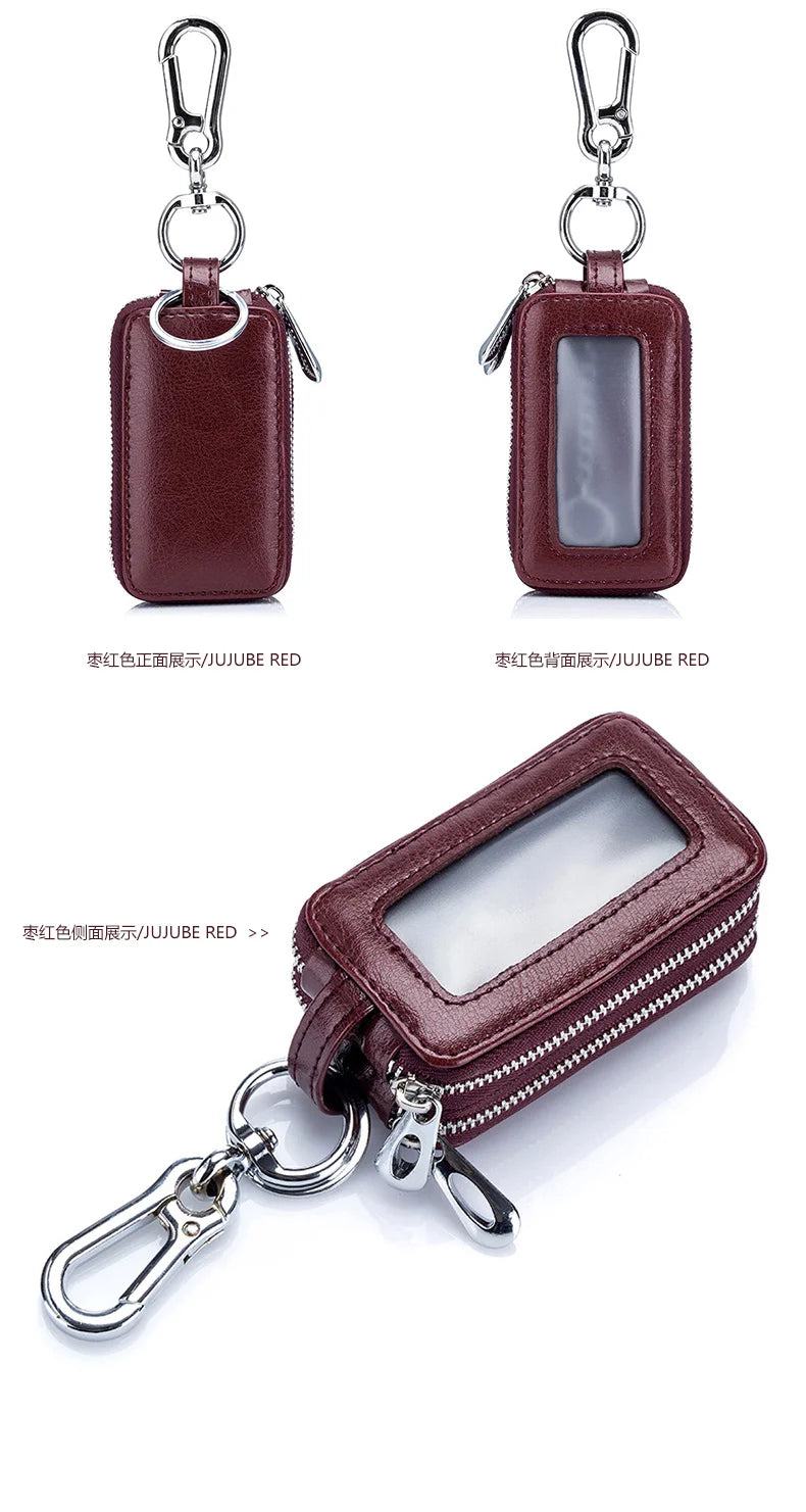 Genuine Cow Leather Home Car Keys' Bag Double Pocket Zipper Mini Wallet Earth Yellow Men Women's Key Holder Transparent Pocket - PST PS Tradings