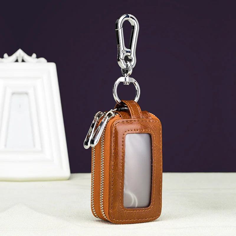 Genuine Cow Leather Home Car Keys' Bag Double Pocket Zipper Mini Wallet Earth Yellow Men Women's Key Holder Transparent Pocket - PST PS Tradings