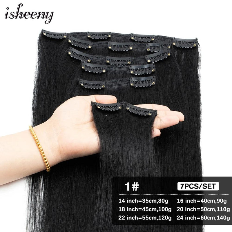 Isheeny 14"-24" Clip In Human Hair Extensions Brazilian Remy Natural Clip Human Hair Extension Real Natural Clip On 80G-140G - PST PS Tradings