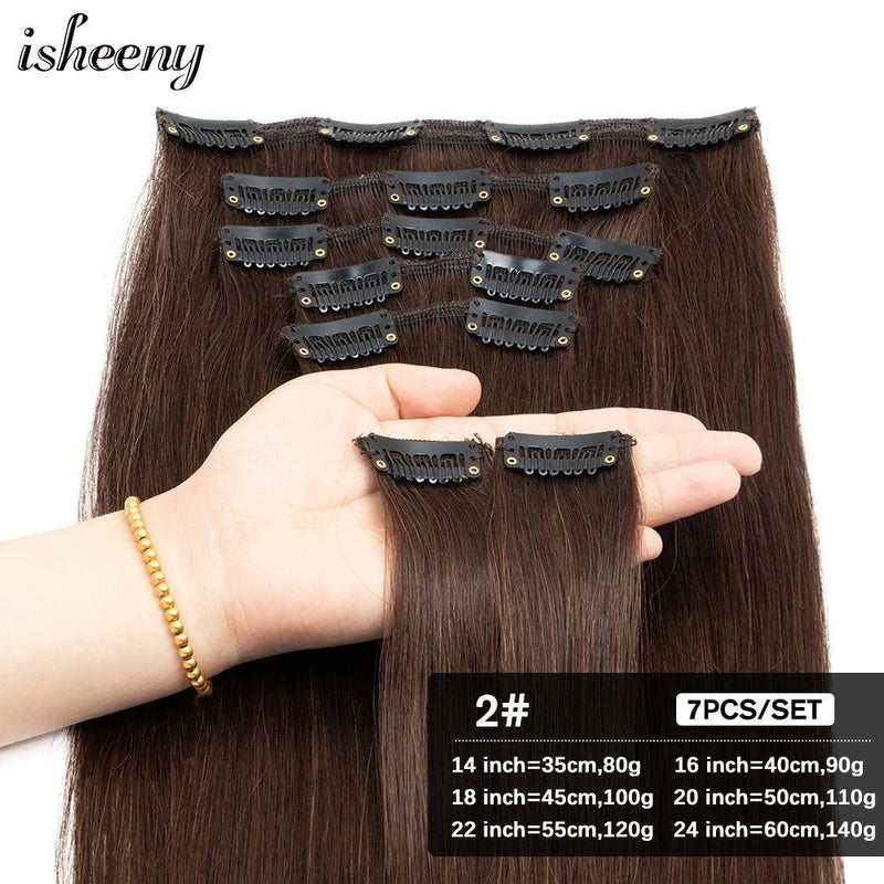 Isheeny 14"-24" Clip In Human Hair Extensions Brazilian Remy Natural Clip Human Hair Extension Real Natural Clip On 80G-140G - PST PS Tradings