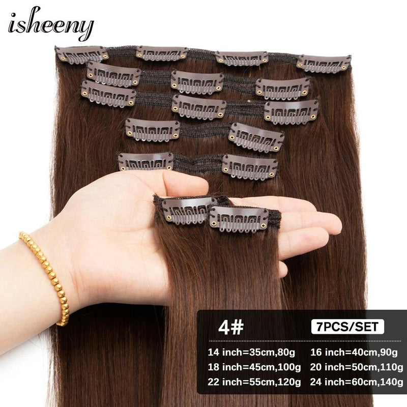 Isheeny 14"-24" Clip In Human Hair Extensions Brazilian Remy Natural Clip Human Hair Extension Real Natural Clip On 80G-140G - PST PS Tradings