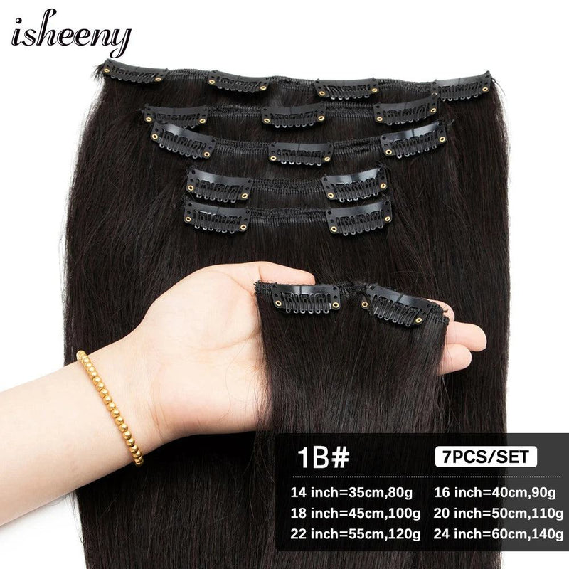 Isheeny 14"-24" Clip In Human Hair Extensions Brazilian Remy Natural Clip Human Hair Extension Real Natural Clip On 80G-140G - PST PS Tradings