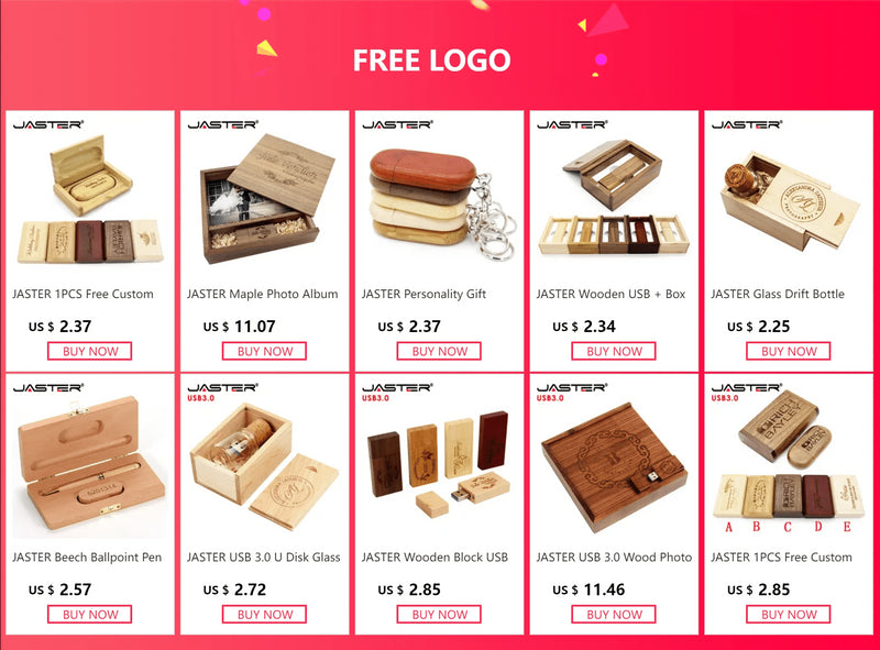 JASTER (1 PCS Free LOGO) Photo Unique Album Walnut Wood USB+Box Pendrive USB Flash Drive 8GB 16GB 32GB 64GB 128GB Photography - PST PS Tradings