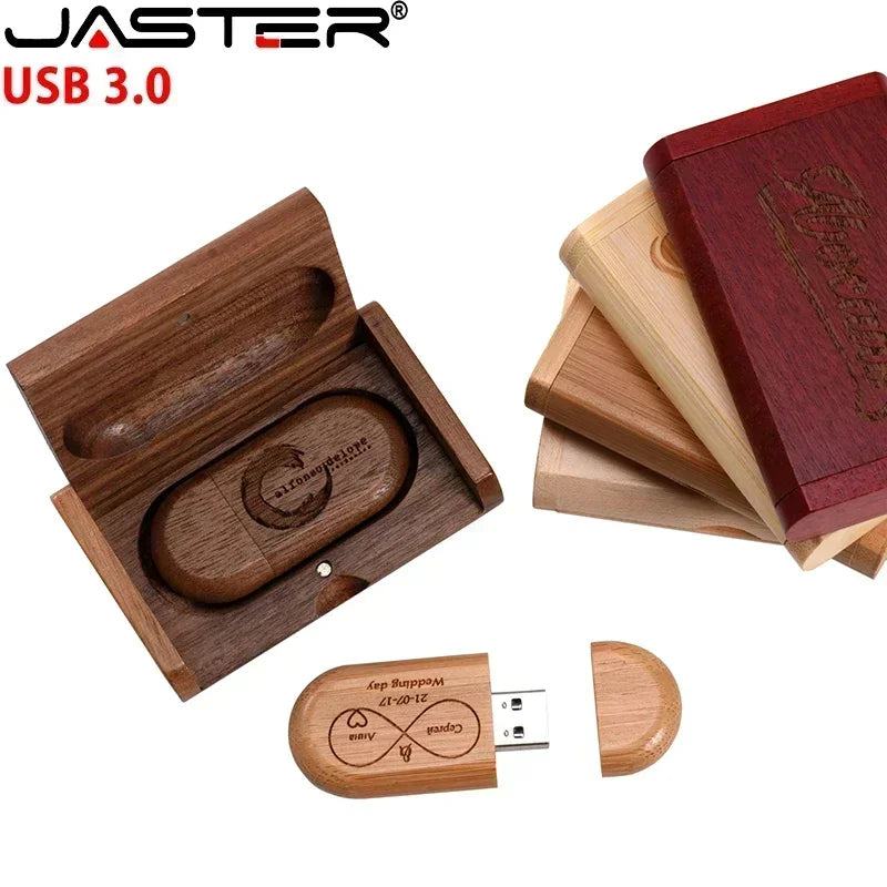 JASTER USB 3.0 Wooden Box Pen Drive Free Custom Logo USB Flash Drive Bamboo Pendrive Wedding Gift Memory Stick 128GB 32GB 64GB