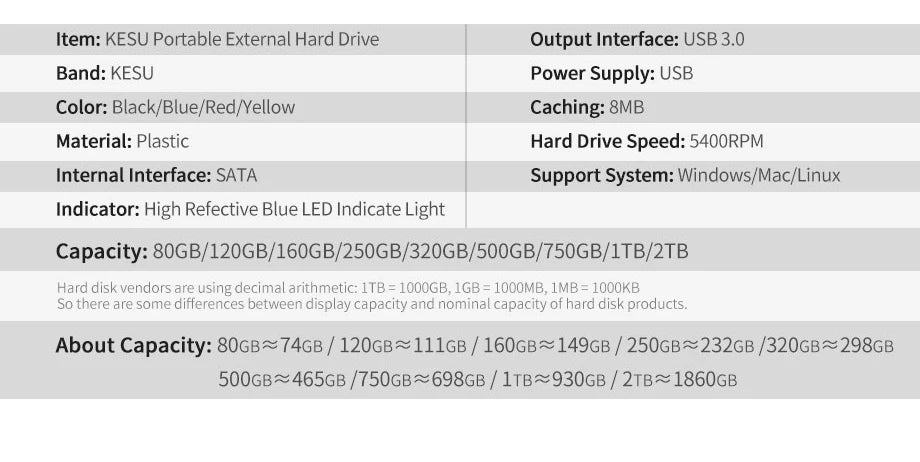 KESU HDD Portable External Hard Drive 2tb/1tb/500gb/750gb 2.5"disk memory USB Storage for PC tablets notebook Desktop Computer - PST PS Tradings