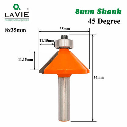 LAVIE 1pc 8mm Shank 45 Degree Chamfer Edge Forming Router Bit Bevel Flush Trim Bit Woodworking Milling Cutter Bits MC02021