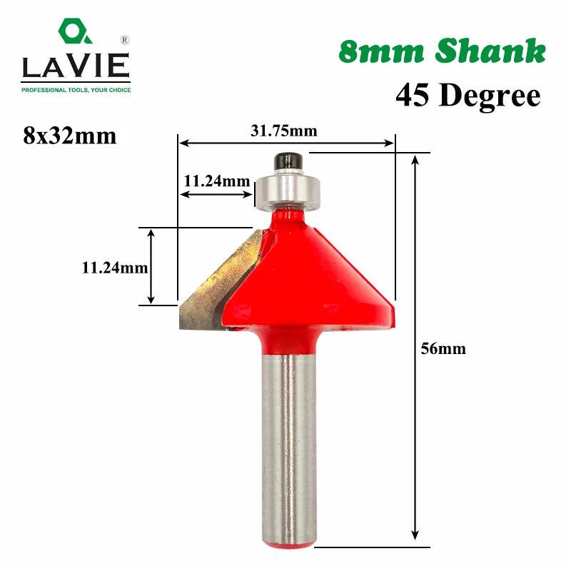 LAVIE 1pc 8mm Shank 45 Degree Chamfer Edge Forming Router Bit Bevel Flush Trim Bit Woodworking Milling Cutter Bits MC02021