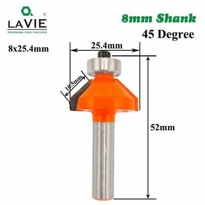 LAVIE 1pc 8mm Shank 45 Degree Chamfer Edge Forming Router Bit Bevel Flush Trim Bit Woodworking Milling Cutter Bits MC02021