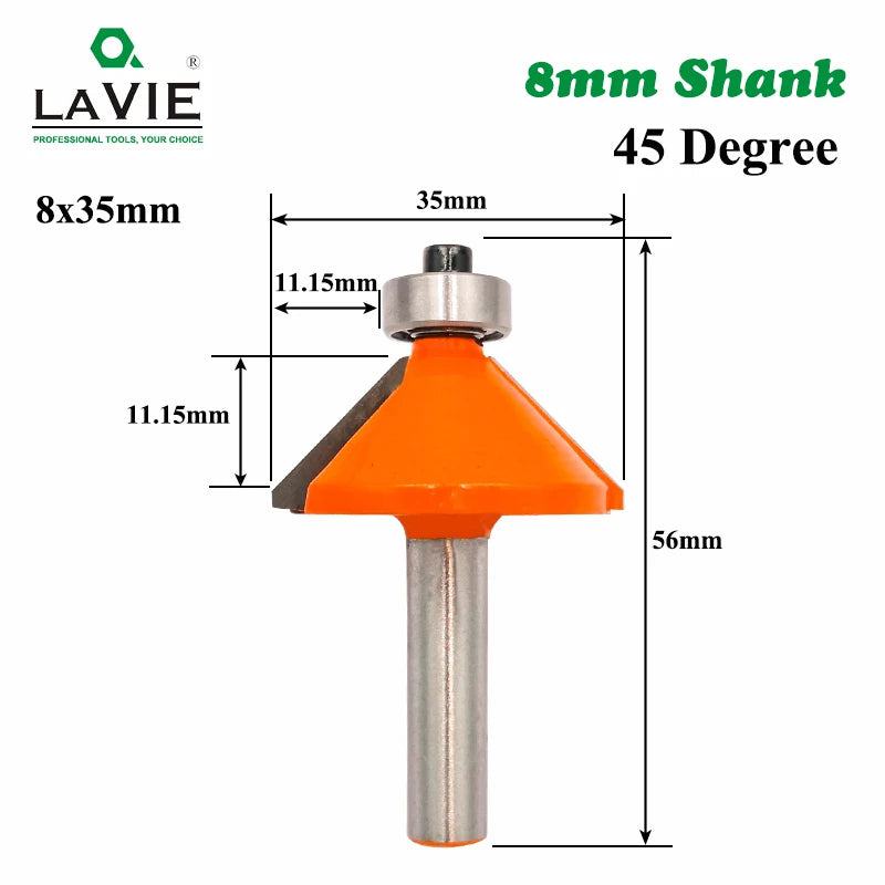 LAVIE 1pc 8mm Shank 45 Degree Chamfer Edge Forming Router Bit Bevel Flush Trim Bit Woodworking Milling Cutter Bits MC02021