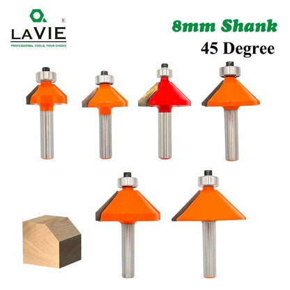 LAVIE 1pc 8mm Shank 45 Degree Chamfer Edge Forming Router Bit Bevel Flush Trim Bit Woodworking Milling Cutter Bits MC02021