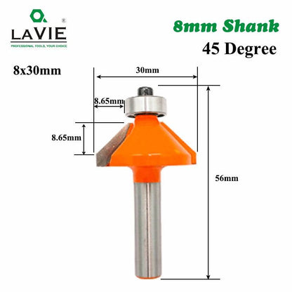 LAVIE 1pc 8mm Shank 45 Degree Chamfer Edge Forming Router Bit Bevel Flush Trim Bit Woodworking Milling Cutter Bits MC02021