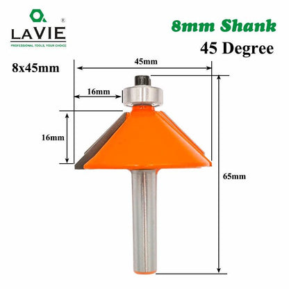 LAVIE 1pc 8mm Shank 45 Degree Chamfer Edge Forming Router Bit Bevel Flush Trim Bit Woodworking Milling Cutter Bits MC02021