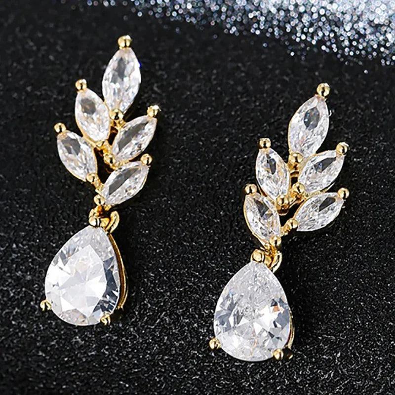 LXOEN Marquise Cut Flower Zirconia Crystal Long Drop Earrings for Women Shiny Leaf CZ Stone Bridal Wedding Jewelry - PST PS Tradings