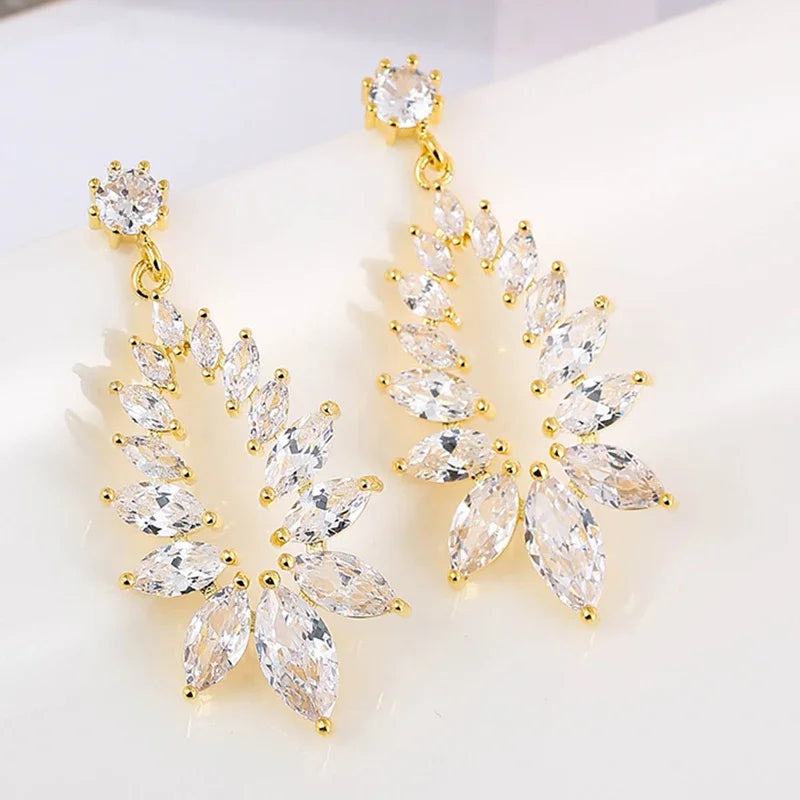 LXOEN Marquise Cut Flower Zirconia Crystal Long Drop Earrings for Women Shiny Leaf CZ Stone Bridal Wedding Jewelry - PST PS Tradings