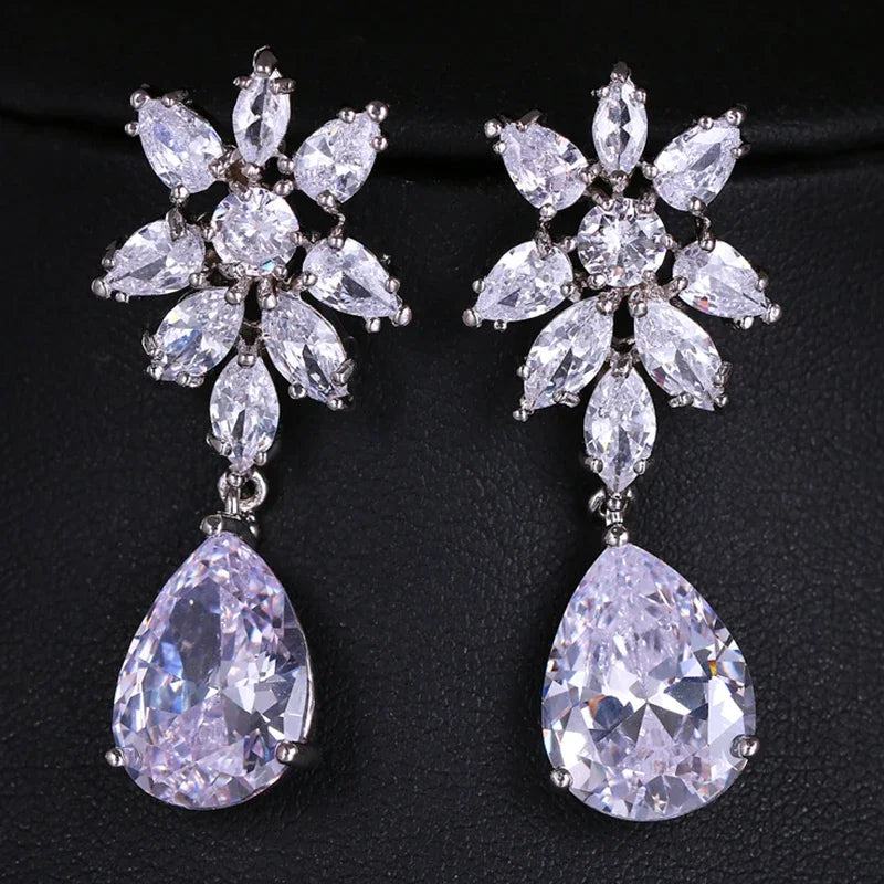 LXOEN Marquise Cut Flower Zirconia Crystal Long Drop Earrings for Women Shiny Leaf CZ Stone Bridal Wedding Jewelry - PST PS Tradings