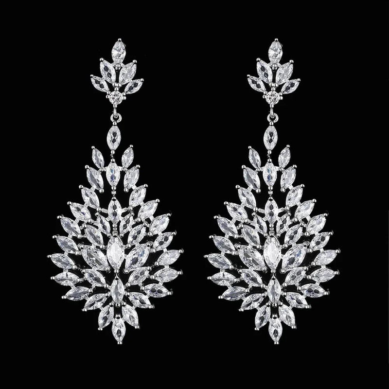 LXOEN Marquise Cut Flower Zirconia Crystal Long Drop Earrings for Women Shiny Leaf CZ Stone Bridal Wedding Jewelry - PST PS Tradings