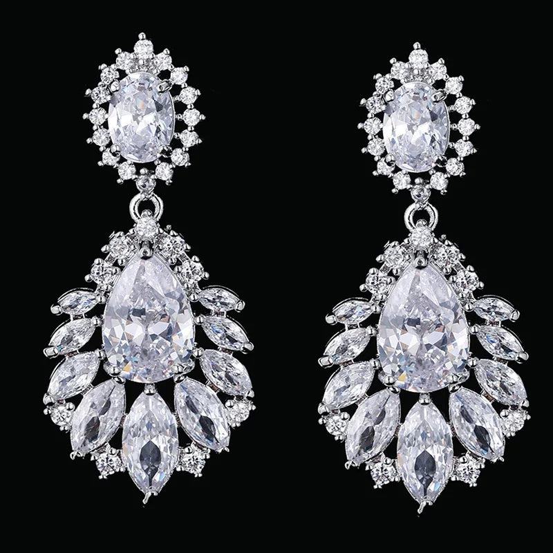 LXOEN Marquise Cut Flower Zirconia Crystal Long Drop Earrings for Women Shiny Leaf CZ Stone Bridal Wedding Jewelry - PST PS Tradings